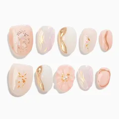 Sun&Beam Nails 手作り ネイルチップ ショート コフィン バレリーナ つけ爪 ベージュ 白 金 3D デザイン おしゃれ 付け爪 10枚入 (#131 S) 0