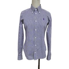 中古 ラルフローレン RALPH LAUREN 長袖 ボタンダウン シャツブラウス クリーニング済み ストライプ柄 紫 レディース サイズ4