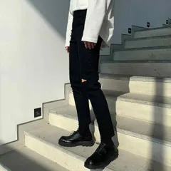 秋冬 コーデ メンズ  服 シンプル ファッション オシャレ 大人 かっこいい 大きいサイズ ストリート 紳士服  スリム フィット ズ リップド ジーンズ ダーク ウォッシュ加工 ダメージ加工 九分丈 パンツ