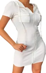 あすなろbox 胸元 セクシー 前開き ジップ 半袖 パーカー レディース かわいい ミニ ワンピース( ホワイト,  L)