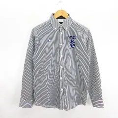 ルコックスポルティフ le coq sportif GOLF COLLECTION シャツ 長袖 ボタンダウン ストライプ ロゴ ストレッチ M ネイビー×ホワイト ※EKM