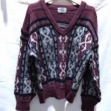 ④【レトロ】VULGARIS ブルガリス セーター トップス ニット エンジ 柄物 ウール 古着 丈短め 昭和 レトロ 秋物 冬物 ビンテージ アンティーク 90s 80s メンズ Mサイズ レディース ダサいセーター