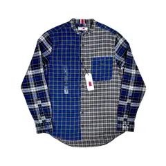 Tommy Hilfiger トミーヒルフィガー ルイスハミルトン F1 F-1 レーサー レーシング ドライバー コラボ アシンメトリー クレイジー チェック ノーカラー 襟無し フラン ネルシャツ ブルー 青 ブラック 黒 Sサイズ アメリカ ストリート