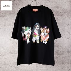 新品 CORISCO コリスコ 犬 プリント Tシャツ 半袖 メンズ レディース ユニセックス かわいい アニマル プリント カットソー 子犬 dog ３匹 バックプリント Tシャツ tee M L LL ブラック 黒  181927