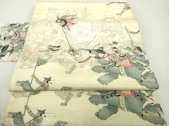 平和屋着物●アンティーク　大正ロマン　九寸名古屋帯　手描き　駒刺繍　異国人物狩猟風景　象　金糸　正絹　逸品　DAAU5307ps