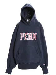 【お得なクーポン配布中!】 90s ★ チャンピオン リバースウィーブ カレッジ プリント スウェット フード パーカー メンズ L 古着 トレーナー プルオーバー 裏起毛 紺