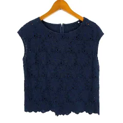 デミルクス ビームス Demi-Luxe BEAMS カットソー ブラウス 花柄 フラワー カットワーク レース 刺繍 リネン コットン 綿麻 ノースリーブ M 38 紺 ネイビー