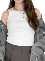 [エンプティオ] スクエア インナー タンクトップ リブ オフィス 可愛い 胸元 カップなし ノースリーブ 涼しい トップス レディース 丈長め uネック ユッタリ カワイイ 透けにくい コットン100 通気性 伸縮性 見えない 肌 [#07ホワイト] [L]