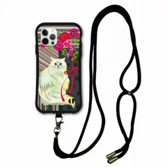 [iPhone15 Plus] スマホショルダー付 iPhone14 i-coronケース アイフォン15 14 Plus 13 Mini 12 11 スマホケース カバー ショルダーストラップ 肩掛け 斜め掛け アニマル柄 ネコ 白猫 ストライプ