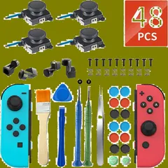 【人気商品】ジョイコン 修理、OLCLSS Switch/Switch Lite/有機elモデル用48 in 1修理セット【日本語取扱説明書付】-ジョイコン コントロール 右／左、3Dセンサーアナログジョイスティック 4個入、親指キャップ14個付き- Joyc