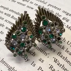 ヴィンテージ　ビジューティアドロップイヤリング　緑　フェザー　シルバー