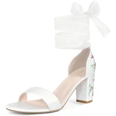 Allegra K レディース サテン レースアップ フローラルプリント チャンキーヒール サンダル ホワイト 25.0cm