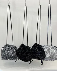 スパンコールショルダー巾着ミニバッグ【ブラック/ネイビー/シルバー/ホワイト】