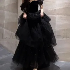 新しい未使用 高品質ウエディングドレス Aライン 前撮り 半袖 ドレス ブラック パフスリーブ 袖 ボリューム オフショル 結婚式 お洒落