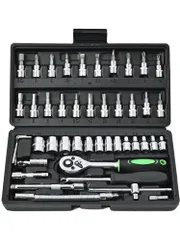 【迅速発送】Rikopin(リコピン) ソケットレンチセット 差込角6.3mm (1/4インチ) 72ギア ラチェットハンドル採用 車 レンチ スリーブ ラチェットレンチ 46 ソケットドライバー組み合わせ ツール (ブラック)