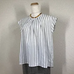 【ナチュラルビューティー】カットソー　ブラウス　シャツ　美品　S　白　半袖　リネンライク ストライプ タック ビジネス オフィス Y2K
