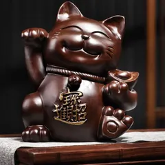 招き猫 木彫り ビッグサイズ アンティーク 左手上げ 美品 美術品