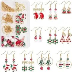 【在庫処分】SUNNYCLUE　【輝くクリスマス】　10対　クリスマス　ピアス　手作り　セット　クリスマス　ピアス　キット　チャーム　クリスマスツリー　クリスマス靴下　パーツ　雪　帽子　ピアス　星　サンタクロース　ペンダント　鈴　イヤリング　スノー　ネ