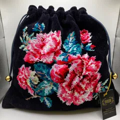 4639　美品　FEILER　フェイラー　ポーチ　巾着　花柄　ブラックネイビー系　シュニール織り　タグ付き　レディース