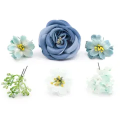 髪飾り 成人式 花 振袖 前撮り 袴 花 青 ブルー 水色 オフホワイト 白 6点セット 薔薇 バラ つぼみ 小さい 大きい かんざし 簪 No.12-0972