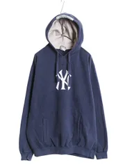 【お得なクーポン配布中!】 ヤンキース スウェット フード パーカー メンズ L 程/ MLB オフィシャル トレーナー 裏起毛 ヘビーウェイト 大リーグ シンプル ロゴ刺繍 紺