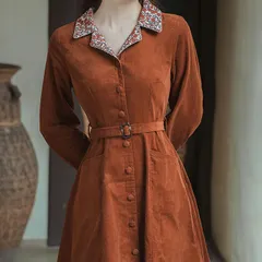 春 レディース ワンピース シャツワンピース レトロ レトロワンピース 襟袖口花柄 ミモレ丈 ロング 長袖 きれいめ シャツワンピース シャツワンピ 着痩せ 大正ロマン 昭和レトロ 60年代 森ガール クラシック クラシカル 30代 40代 50代