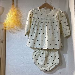 【アウトレット】ドット　リボン　ブラウス　長袖　シャツ　ボトムス　セットアップ　80cm 子供服
