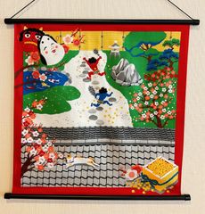 四季彩布タペストリー【2月 みけの節分】軸付きタペストリー 節分壁飾り 三毛猫 猫タペストリー 豆まき 鬼退治 柊 立春タペストリー 新品未使用品 日本製