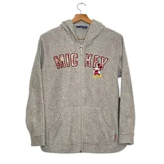 【Disney】 パーカー（ジップアップ／長袖）｜レディースLサイズ相当｜グレー｜ミッキー刺繍・カレッジロゴ