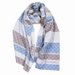 LOUIS VUITTON ルイヴィトン ダミエ ボーダー柄 コットンシルク ストール グレー ライトブルー メンズ レディース 【中古】