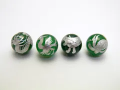 四神獣4点セット グリーンメノウ銀彫り 彫刻ビーズ 12mm玉 青龍・朱雀・白虎・玄武 天然石 パワーストーン