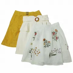 美品 リリーブラウン Lily Brown ミニ スカート 3点 セット まとめ売り エンブロイダリー 花柄 刺繍 ベルト付 セミタイト 膝上丈 メッシュ 台形スカート ボトムス サイズF 0 白 ホワイト アイボリー オレンジ系 マルチカラー BLM7