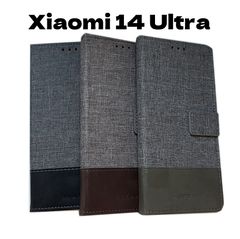 Xiaomi 14 Ultra 手帳型 スタンド カードホルダー カード入れ 無地 キャンバス/合成皮革 シャオミ 14 ウルトラ ケース カバー グレー/ブラック