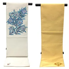 京やJ216 正絹 袋帯 両面織 TOKUSEN 作家物 藤林徳扇 落款有り  特選リバーシブル袋帯 2WAY 綴れ織 プラチナ99，9% 刺繍 宝石染 百合文様 パールトーン加工済み 金 銀 ゴールド シルバー 桐箱付き KIMONO 着物