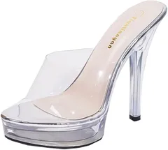 ALL DAY Shining ハイヒール クリア サンダル ミュール ピンヒール オープントゥ 厚底ヒール 歩きやすい 13cm キャバ嬢 レディース(シルバー,  24.0 cm)