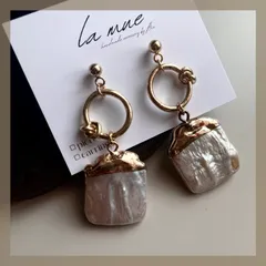 天然淡水パール バロックパール スクエア 四角 ゴールド メタル シンプル 希少 ピアス イヤリング アレルギー対応 ステンレス 24金