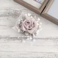コサージュ＊限定一点＊入学式 卒業式 入園式 卒園式 結婚式 ウェディング 七五三 フォーマル~プリザーブド ローズ バラ あじさい パール チュール~グレー 灰色 シンプル 控えめ