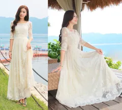 ロングドレス　ワンピース　総レース　Aライン　5分袖　刺繍　アイボリー　結婚式