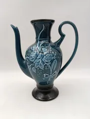 【K-1549】青緑色 花模様 レトロ花瓶 水差し 大きめ 高さ29cm