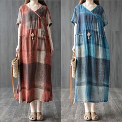 ワンピース 即購入OK レディース ロングワンピース 夏 チェック柄 綿麻 リネンワンピース ロング丈 半袖 Vネック ゆったり マキシワンピース 大きいサイズ 着痩せ ナチュラル zhangban71