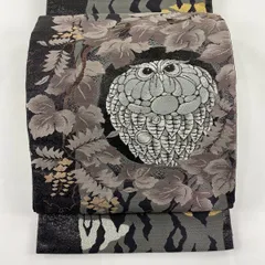 ☆ 名古屋帯 梟 枝葉にとまるフクロウ 黒色 縮緬 O-4152 名古屋帯 梟 枝葉にとまるフクロウ 黒色 縮緬 O-4152