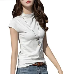 Haberry(ハベリィ) 半袖 Tシャツ ハイネック カットソー フレンチスリーブ トップス レディース( ホワイト,  L)