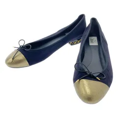 Le Talon / ルタロン | GRISE / スエード バイカラーリボン チェーン装飾ヒール フラットシューズ | M | ダークネイビー/ゴールド | レディース