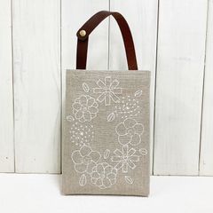 リネンバッグインバッグ【花かんむり 白】　刺し子・麻・本革