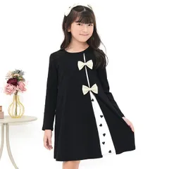 Bee【♪クーポン利用で20％OFF♪】リボン切り替えワンピース◇ブラック×ホワイト地ハート柄◇韓国子供服 韓国子ども服 韓国こども服 キッズ 女の子 100 110 120 130 140 150