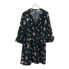 ZARA BASIC ザラベーシック 花柄 長袖 Vネック 膝丈ワンピース S ネイビー系 ウエストリボン レディース 古着