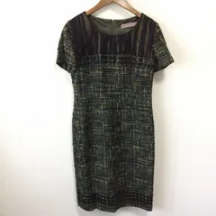 #axc 銀座マギー ワンピース 38 緑系 半袖 ツイード タイト 異素材 スパンコール バックジップ レディース [899198]