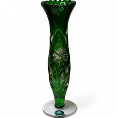 美品 ドレスデンクリスタル Dresden Kristall フラワーベース 花瓶 カットガラス グリーン  0828