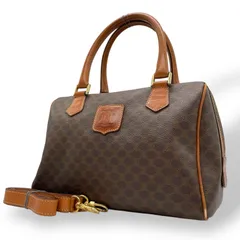 CELINE セリーヌ マカダム 2WAY ボストンバッグ ミニボストン 茶 ブラウン PVC レザー ゴールド金具 斜め掛け可 レディース ヴィンテージ D2