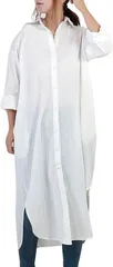 グリーンパキラ ロングシャツ レディース 長袖 シャツワンピース トップス ブラウス 羽織り 大きいサイズ 襟付き 前開き コットンワンピース 綿100%(ホワイト,  M)